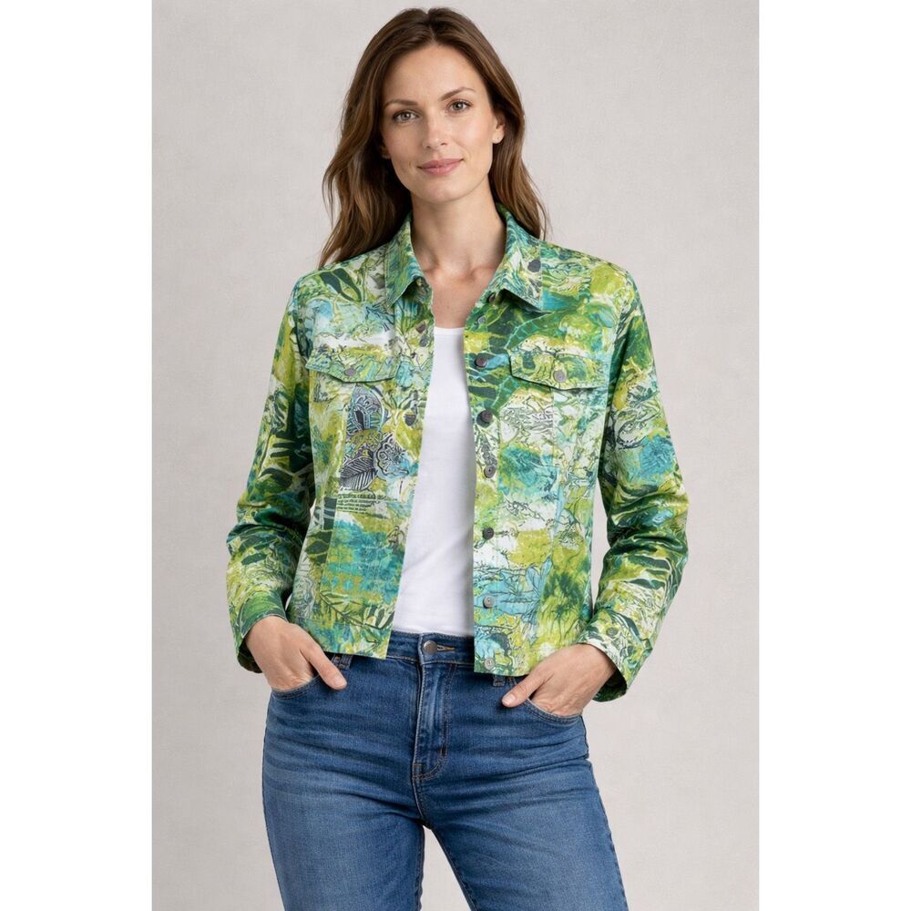 ELCC Tropical Print Jacket Women’s Small Green Blue Stretch Cotton